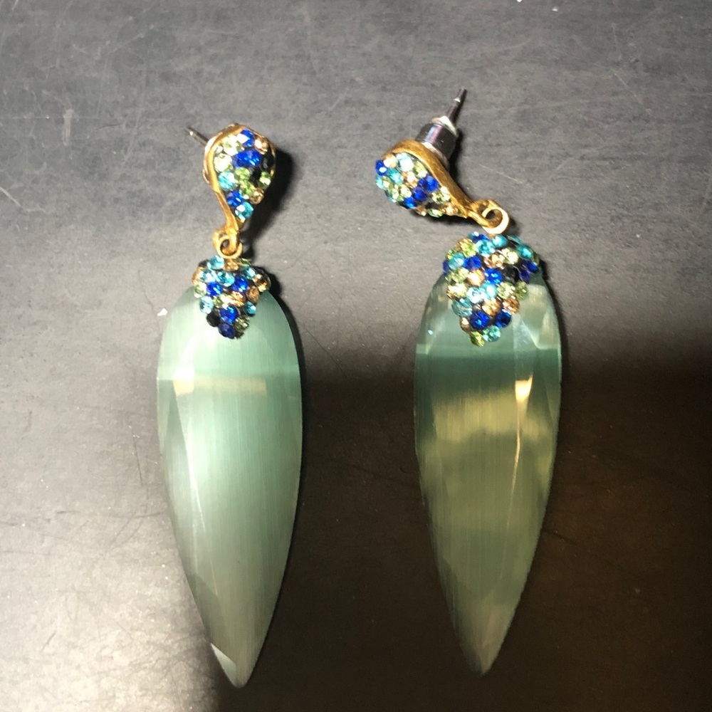 Gold-Tone Earrings with Green Teardrop Stones and Blue Crystal Accents